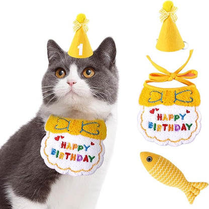 Dog Cat Birthday Party Supplies Outfit Bandana Bib Hat Fish Toy for Cats Puppy Small Dogs and Rabbits