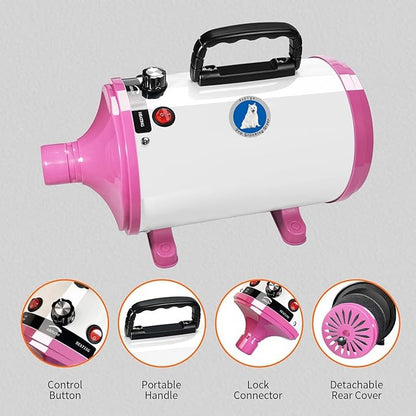 Pet Grooming Dryer with Adjustable Speed for Dogs | Quiet and Powerful Dog Hair Dryer | Includes Different Nozzles, Pet Towel, and Brush | Ideal for Pet Grooming and Home Use (Pink)