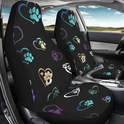 Colorful Heart Dog Paw Print Car Seat Covers Full Set of 2