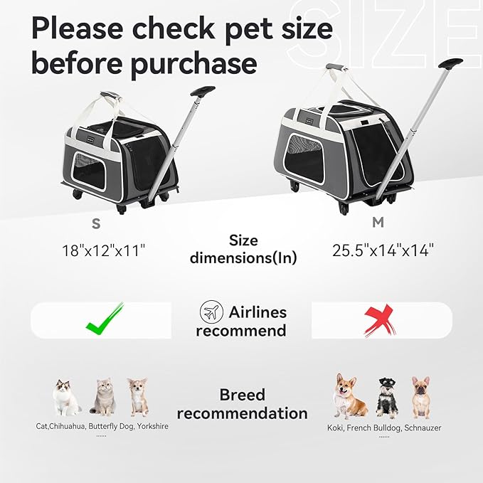 PETSFIT Airline Approved Cat Carrier with Wheels Designed for Small Dogs/Cats with Adjustable Safety Rope & Removable Wheels