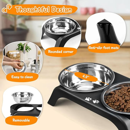 Elevated Cat Bowls - Anti-Vomiting Raised Cat Bowl Stand with 2 Thick Stainless Steel Cat Bowls Non-Slip for Small Medium Indoor Cats & Puppies, Dishwasher Safe, Black