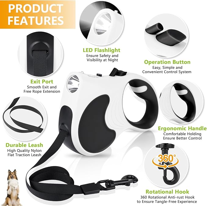 Retractable Dog Leash with Flashlight 16ft Walking Leash for Dogs up to 77lbs 360° Tangle-Free