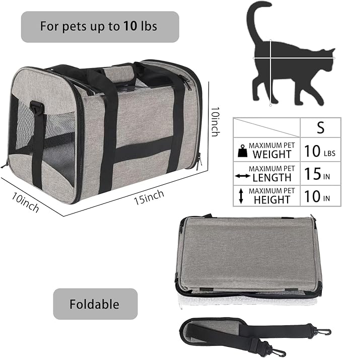 Cat Carrying Case - Pet Carrier Airline Approved, Protable and Breathable Pet Travel Carrier Removable Fleece Pad, Collapsible Cat Carrier Dog Carrier for Medium Cats Small Cats Dogs(15 * 10 * 10)