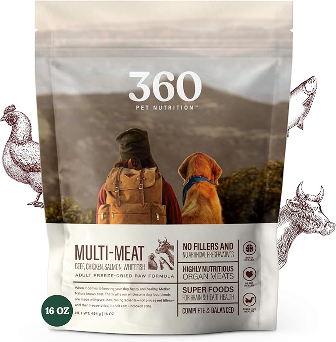 360 Pet Nutrition Raw Freeze-Dried Dog Food, High Protein, Complete Balanced Meal with Beef, Chicken,Organs, Whitefish, Omega-3, Fruit&Veg, Superfoods, No Fillers, 16oz Food/Bites/Kibble (Multi Meat)