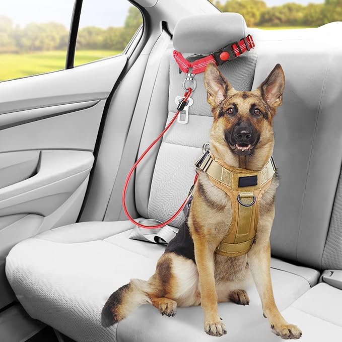 Chew Proof Dog Car Seat Belt, 2 in 1 Steel Cable Dog Car Accessories Headrest Restraint Dog Seat Belt for Medium Large Dogs Chewer Heavy Duty Dog Seatbelt for Cars Swivel Attach Red