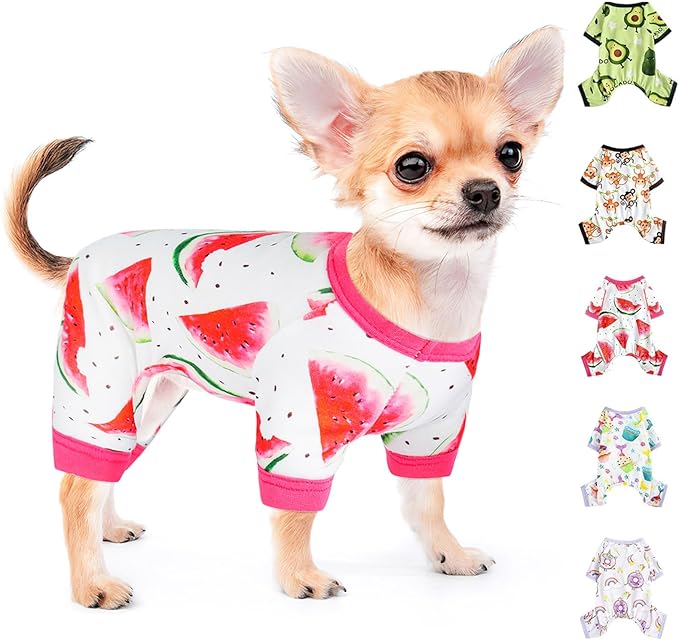 Soft Stretch Pet Clothes Dog Pajamas for Small Dogs Boy Girl Cute Puppy Clothes Dog Pjs Summer Dog Jammies Onesies Dog Outfits for Chihuahua Yorkie Teacup Cat Apparel Clothing (Small, Watermelon)