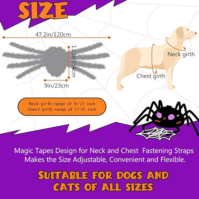 Dog Halloween Costumes, Furry Dog Spider Costume with 64 LED, Giant Spider Halloween Costume for Medium Large Dogs, Funny Dog Halloween Costumes for Cat Pet Halloween Party Cosplay (Orange)