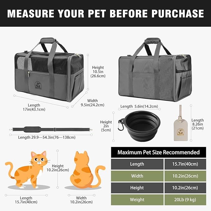 Luxury Pet Carrier for Dogs, Cats, Puppies - Airline TSA Approved, Durable Anti-Scratch Fabric, Soft-Sided, Consistent Airflow, Foldable Design, Cushion Pad, Travel (Grey, Medium)