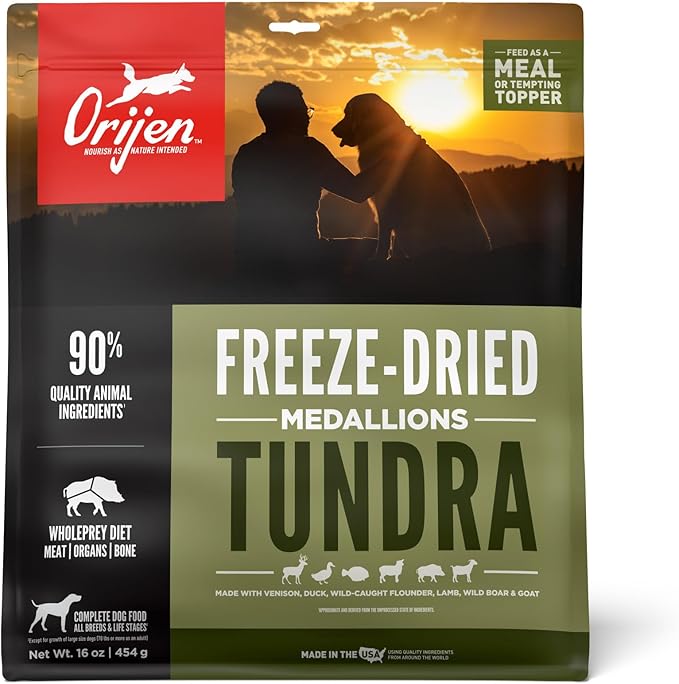 ORIJEN TUNDRA Freeze Dried Medallions Dog Food & Topper, Grain Free Dog Food, WholePrey Ingredients, 16oz