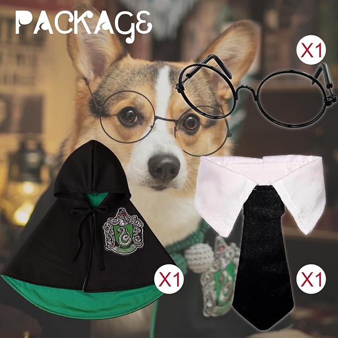 Cat Costumes 3 Piece Set with Glasses and Neckties, Cat Dog Cosplay Costume Set, Perfect for Party and Gifts for Cat Dog (Green, Large)