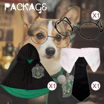 Cat Costumes 3 Piece Set with Glasses and Neckties, Cat Dog Cosplay Costume Set, Perfect for Party and Gifts for Cat Dog (Green, Medium)