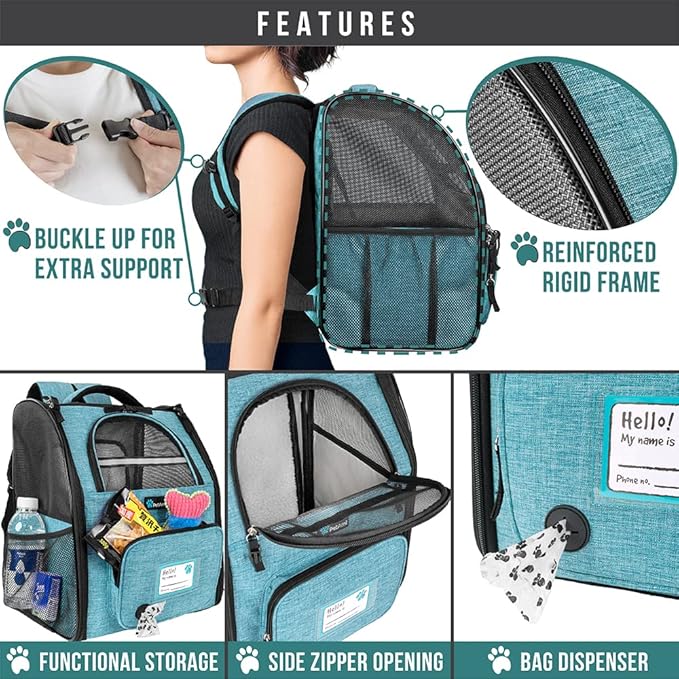 PetAmi Dog Cat Backpack Carrier, Expandable Pet Carrier Backpack for Travel Hiking, Small Medium Dog Puppy Large Cat Carrying Backpack, Airline Approved Ventilated Soft Back Support, 18 lbs, Teal Blue