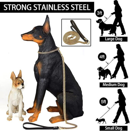 Strong Gold Dog Chain Leash 3FT 4FT 5FT Stainless Steel 12mm Dog Leash with Comfortable Genuine Leather Handle for Large 3FT)