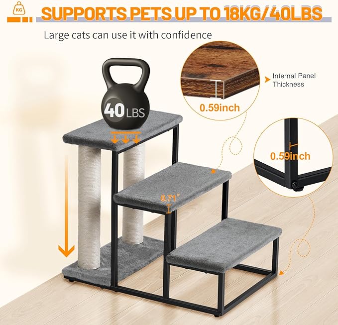 Snughome Dog Stairs & Cat Scratching Post for High Beds Couch 40 lbs 3-Step Stairs-Grey