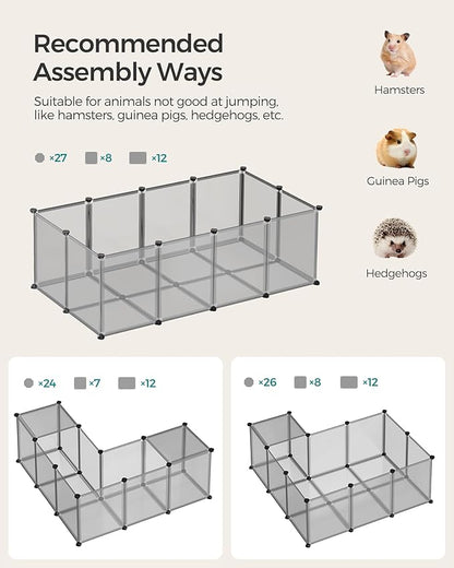 SONGMICS 20 Panels Pet Playpen with Floor, Small Animal Playpen, Pet Fence Indoor, DIY Plastic Enclosure for Guinea Pigs, Bunny, Hamsters, Hedgehogs, 56.3 x 28.7 x 18.1 Inches, Gray ULPC002G01