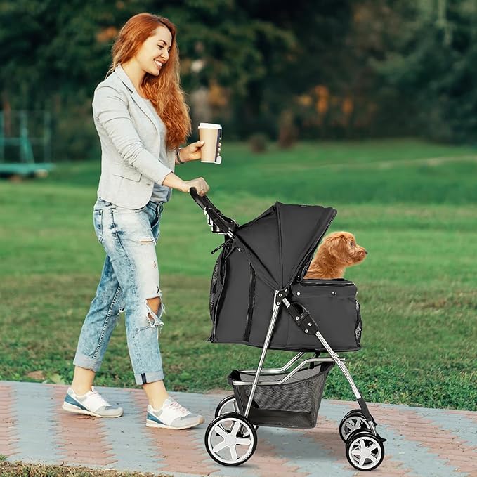 Pet Stroller for Small Dogs and CatsQuick-Folding Portable Travel Cat Dog Stroller with Storage Basket and Cup Holder 4 Wheels,
