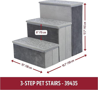 TRIXIE Velour 3-Step Pet Stairs with Storage, Collapsible, Storage Compartments for Pet Toys,Gray