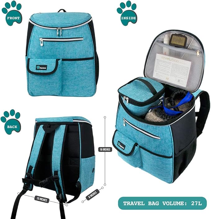 PetAmi Dog Travel Bag Backpack, Airline Approved Dog Bags for Traveling, Puppy Diaper Bag Supplies, Pet Camping Essentials Hiking Accessories Dog Mom Gift, Food Container, Collapsible Bowls, Teal Blue