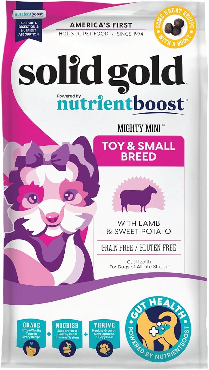 Solid Gold Nutrientboost Mighty Mini Small Breed Dog Food - Dry Dog Food Made with Real Lamb for Any Toy Breed - Grain & Gluten Free Recipe for Gut Health & Sensitive Stomach Support - 3.75 LB Bag