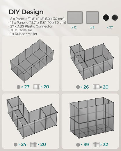 SONGMICS 20 Panels Pet Playpen with Floor, Small Animal Playpen, Pet Fence Indoor, DIY Plastic Enclosure for Guinea Pigs, Bunny, Hamsters, Hedgehogs, 49.2 x 24.8 x 16.5 Inches, Gray ULPC001G01