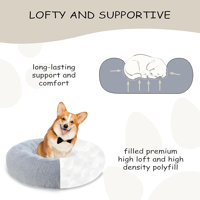 23'' inch Calming Dog Bed, Anti-Anxiety Donut Small Dog Bed, Warming Cozy Soft Cute Round Washable, Marshmallow Cuddler Nest Puppy Bed, Grey