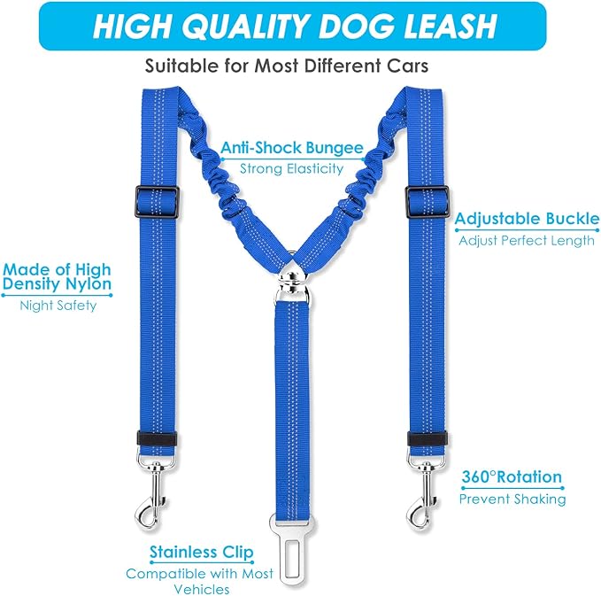 SlowTon Dog Seat Belt, Double Dog Seatbelt Adjustable Vehicle Safety Leash with Elastic Bungee Buffer, Reflective No Tangle Y Shape Two Dog Harness Seat Belt Splitter for Pets Car Trip (Light Blue, S)