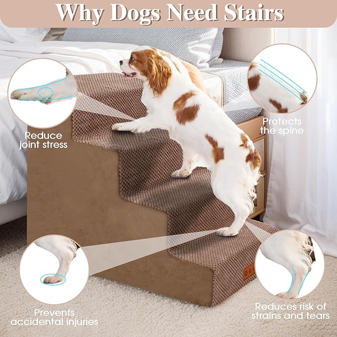 4-Step Brown Dog Stairs for Medium Dogs - Steps for Dogs to get on Bed, Non-Slip Removable Washable Cover, Friendly to Older and Injured Dogs, 18" High