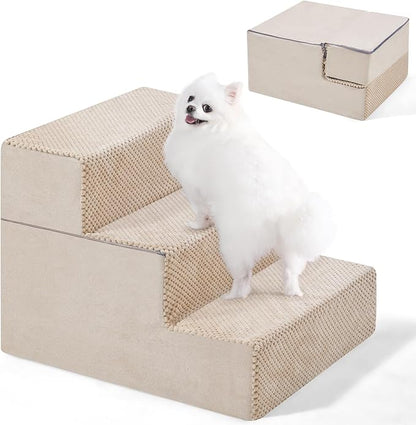 3-Step Dog Stairs, 13.5'' H Dog Stairs for Small Dogs for Bed Couch and Sofa, Non-Slip Bottom Pet Stairs for Small Dogs and Cats, Indoor Pet Steps Dog Ramp for Bed, Beige