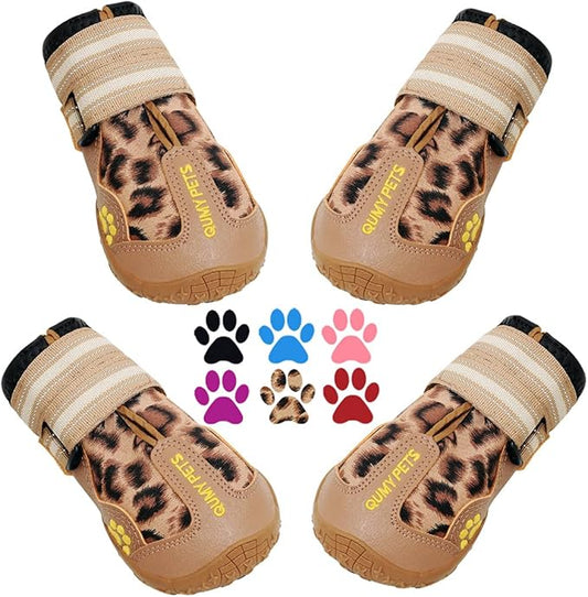 QUMY Dog Shoes for Large Dogs, Medium Dog Boots & Paw Protectors for Winter Snow Day, Summer Hot Pavement, Waterproof in Rain Weather, Outdoor Walking, Indoor Hardfloors Anti Slip Sole Leopard Size 4