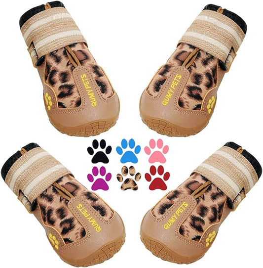 QUMY Dog Shoes for Large Dogs, Medium Dog Boots & Paw Protectors for Winter Snow Day, Summer Hot Pavement, Waterproof in Rain Weather, Outdoor Walking, Indoor Hardfloors Anti Slip Sole Leopard Size 2