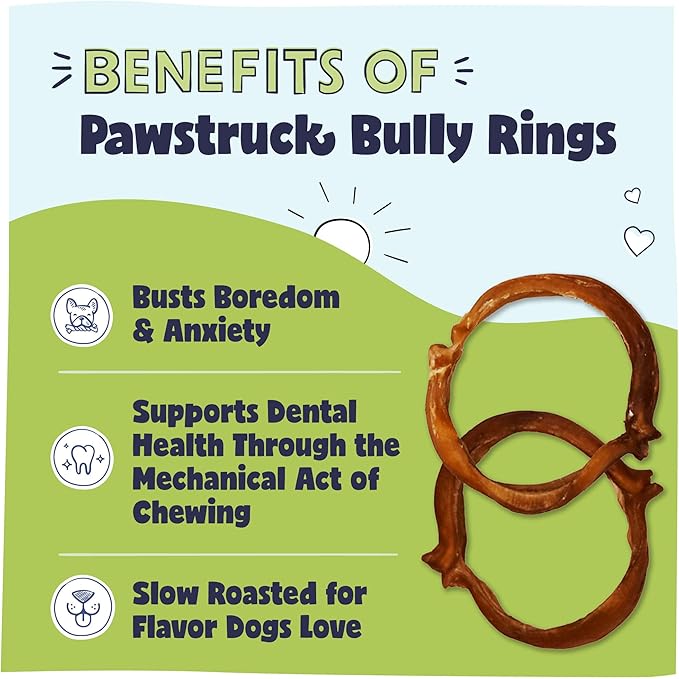 Pawstruck Natural 3.5" Bully Stick Rings for Dogs - Rawhide Free 100% Beef Single Ingredient Dental Chew Treat Bones - Fully Digestible Low Odor - 3 Pack - Packaging May Vary