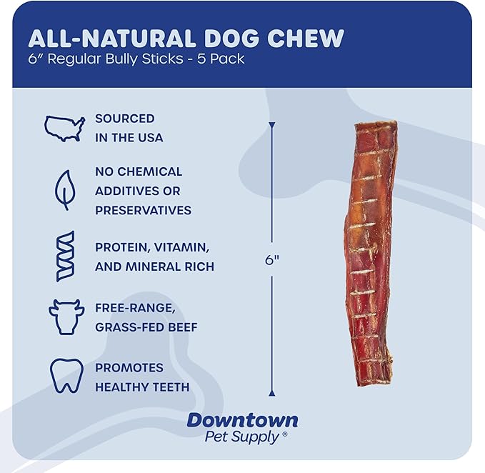 Downtown Pet Supply Bully Sticks for Dogs (6", 5-pack Regular) Rawhide Free Dog Chews Long Lasting Non-Splintering Pizzle Sticks - USA Sourced Low Odor Bully Sticks for Large Dogs