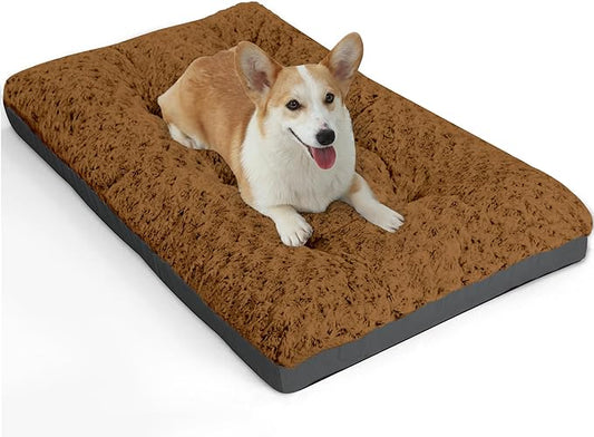 POCBLUE Deluxe Washable Dog Bed for Medium Dogs Dog Crate Mat 30 inch Comfy Fluffy Kennel Pad Anti-Slip for Dogs Up to 40 lbs 30" x 19", Brown