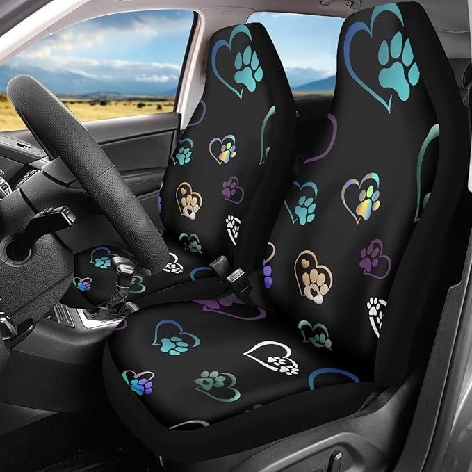 Colorful Heart Dog Paw Print Car Seat Covers Full Set of 2