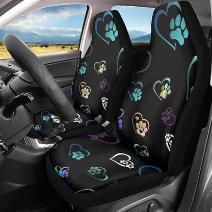 Colorful Heart Dog Paw Print Car Seat Covers Full Set of 2