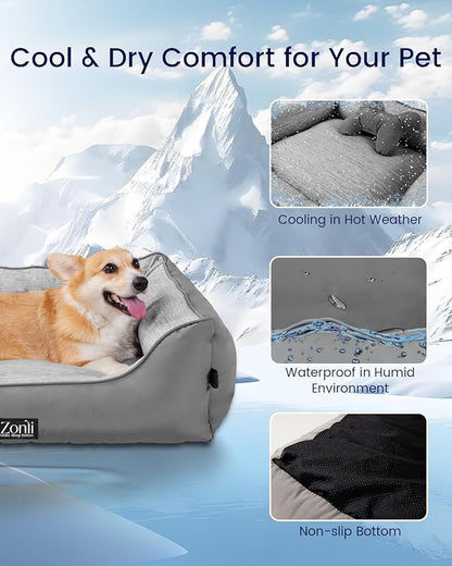 ZonLi Cooling Dog Bed, Dog Bed for Large Dogs, Dog Cooling Bed with Bolsters Waterproof, for Dogs Up to 40 lbs, Pet Bed with Washable Cover, Non-Slip Bottom, Without Gel, Arctic Grey