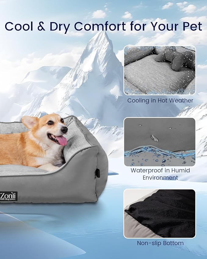 ZonLi Cooling Dog Bed, Dog Bed for Medium Dogs, Dog Cooling Bed with Bolsters Waterproof, for Dogs Up to 30 lbs, Pet Bed with Washable Cover, Non-Slip Bottom, Without Gel, Arctic Grey