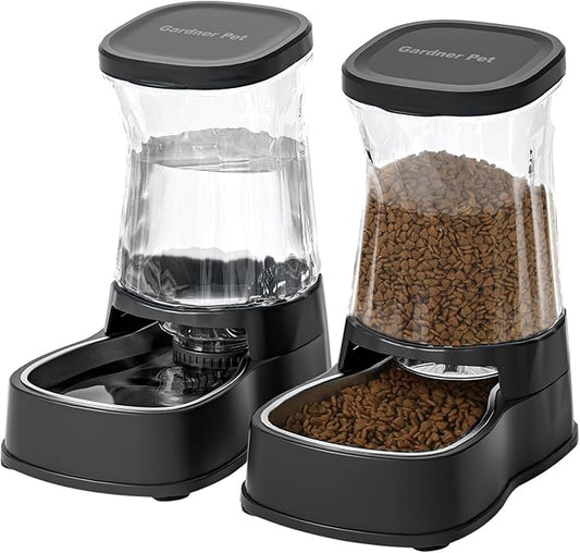 Automatic Pets Gravity Feeder and Water Dispenser Set with Stainless Steel Bowl, 1Gallon x 2 Stable Dog Food Feeder and Waterer for Small&Medium Dogs, Cats, Puppies(Black)