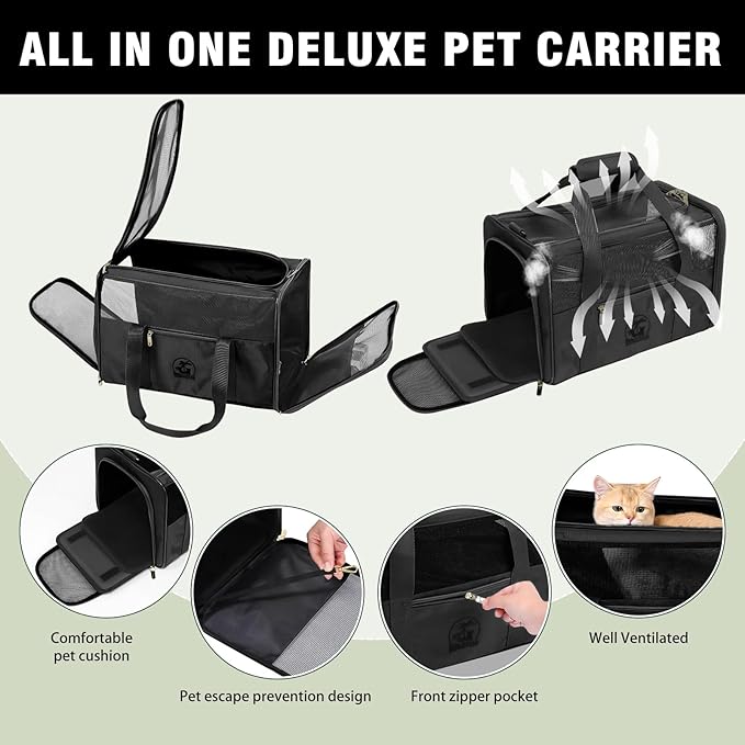 Luxury Pet Carrier for Dogs, Cats, Puppies - Airline TSA Approved, Durable Anti-Scratch Fabric, Soft-Sided, Consistent Airflow, Foldable Design, Cushion Pad, Travel (Black, Medium)