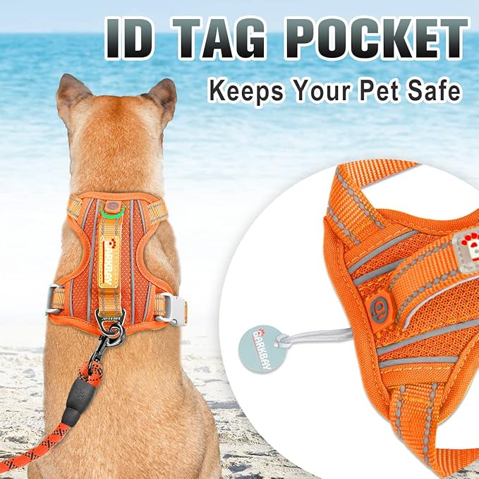 BARKBAY No Pull Dog Harness Large Step in Reflective Dog Harness with Front Clip and Easy Control Handle for Walking Training Running with ID tag Pocket(Orange,L)