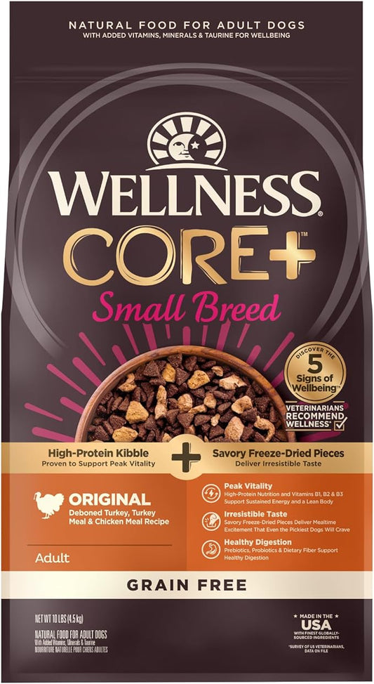 Wellness CORE+ Natural Grain Free Small Breed Dry Dog Food, Original Turkey & Chicken with Freeze Dried Turkey, 10-Pound Bag