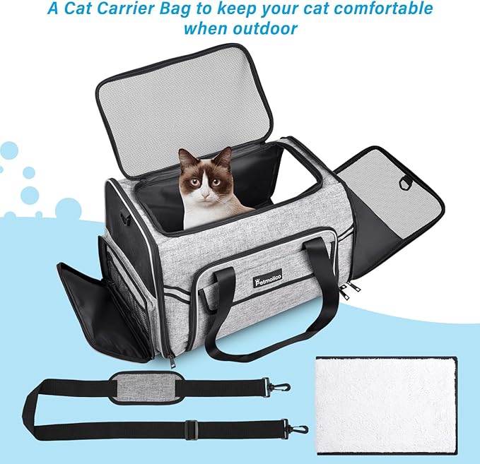 Soft-Sided Pet Carrier for Small Medium Cats, Puppies - Travel Carrier Pet Bag Up to 16LBs Airline Approved 3 Open Doors (Grey-X862)…