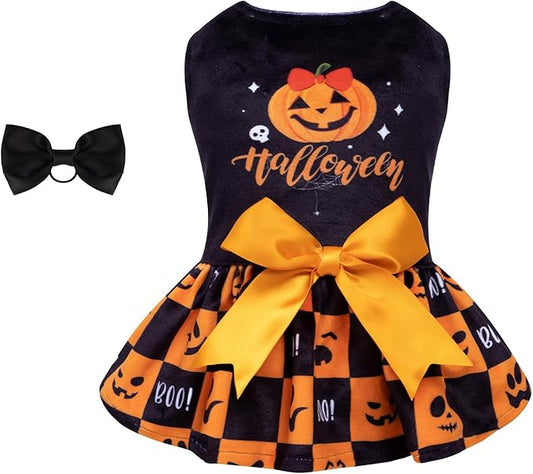 CuteBone Dog Dresses Velvet Holiday Small Dogs Clothes Onesie Pet Apparel Girl Puppy Skirt with Bow Hair Rope CVA24XS-D