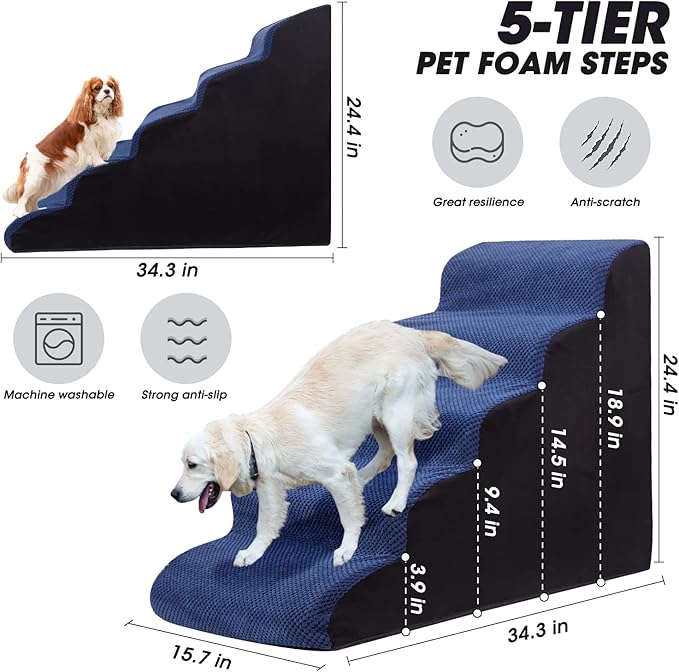 Foam 5 Tier Dog Steps&Stairs for High Beds 25 inches High