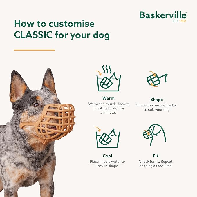 Baskerville Classic Basket Muzzle - Dog can Pant and Drink, Prevents Biting and Food Waste Scavenging, Strong TPR, Ideal for Longer Nosed Dogs, Breathable Dog Training Muzzle for Medium Dogs (Size 5)