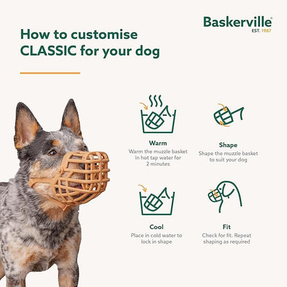 Baskerville Classic Basket Muzzle - Dog can Pant and Drink, Prevents Biting and Food Waste Scavenging, Strong TPR, Ideal for Longer Nosed Dogs, Breathable Dog Training Muzzle for Medium Dogs (Size 5)