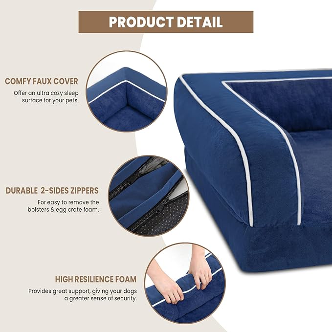 XL Dog Bed, Rich Blue Dog Beds for Extra Large Dogs, Washable Dog Bed with Removale Bolsters, High Bolster Waterproof Dog Bed with Nonslip Bottom, Orthopedic Extra Large Dog Bed up to 100 lbs