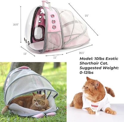 Lollimeow Cat Carrier Backpack, Bubble Expandable Backpack Carrier, Pets and Small Dogs,Airline-Approved, Designed for Travel, Hiking, Walking & Outdoor Use (Back Expandable-Pink)