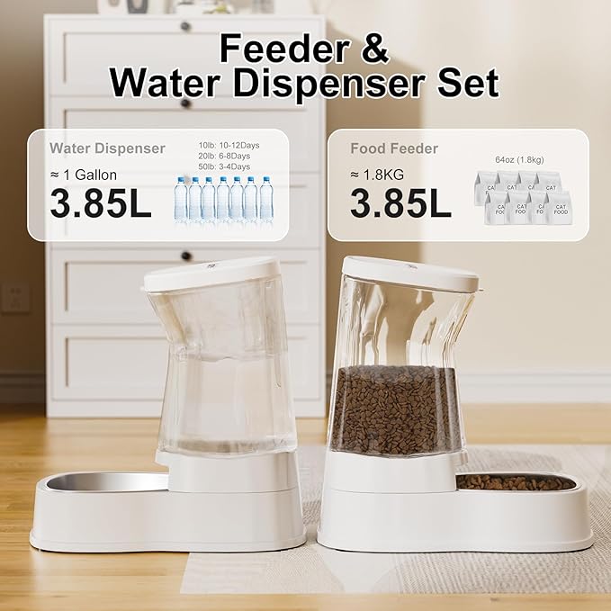 Automatic Pets Gravity Feeder and Water Dispenser Set, 1Gallon x 2 Stainless Steel Food Feeder and Waterer, 100% BPA-Free Water Bowl Dispenser for Small&Medium Dogs, Cats, Puppies(White)