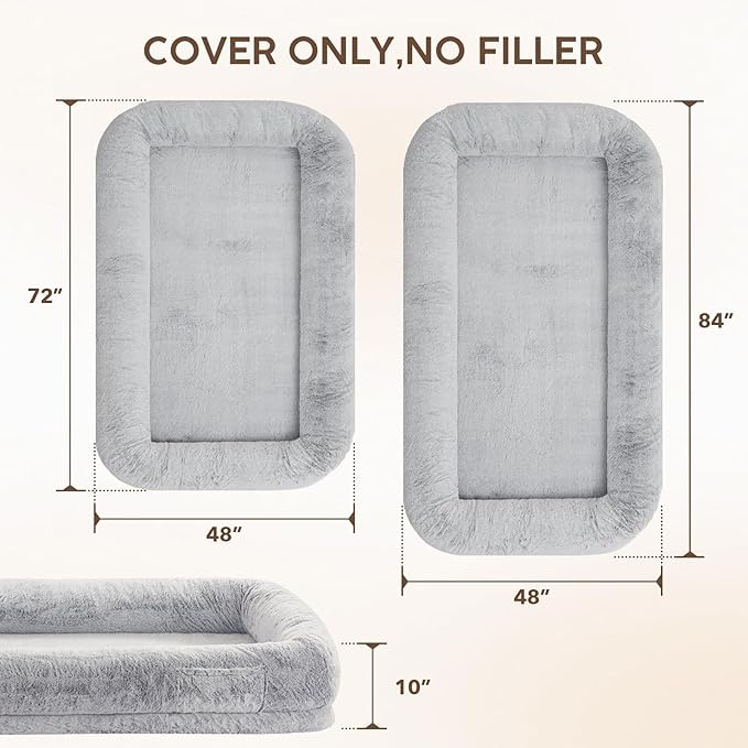 Human Dog Bed Cover (No Filler, Cover only), Human Size Dog Bed Cover Replacement, Suit for 72"x48"x10", 320 GSM Luxurious Fluffy Faux Fur Cover Washable Removable Anti-Slip, Grey